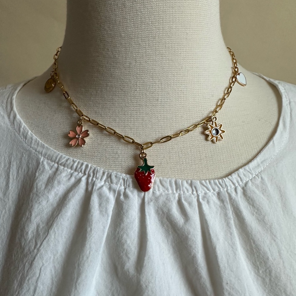 Gold Stainless Steel Charm Necklace / 16 Inches / 5 Charms